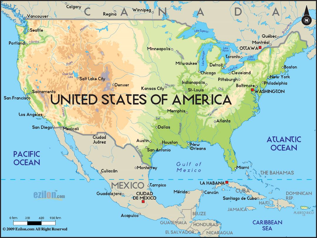 Large physical map of the United States with major cities